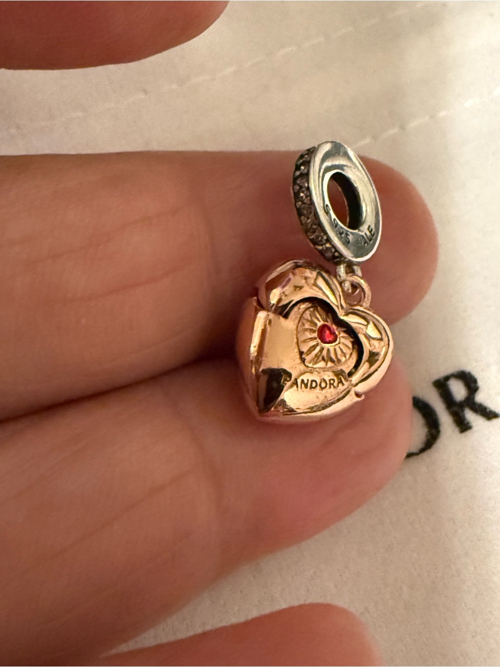 Pandora Rose Gold Heart Dangle Charm with Red Accent - Picture 3 of 7